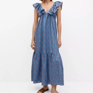 Mango Blue Floral Ruffle Maxi Dress